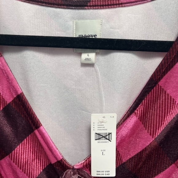 Maeve Anthropologie Velvet Babydoll Top pink brown plaid puff NWT Large - Picture 3 of 9